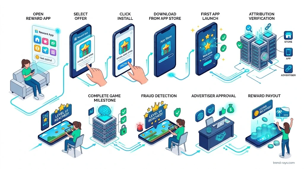 Mobile Attribution Explained: How Apps Track Installs, Reward Offers & User Journeys (Complete Guide) 6 Flowchart showing how a reward app tracks installs, milestones, and verifies payouts through mobile attribution