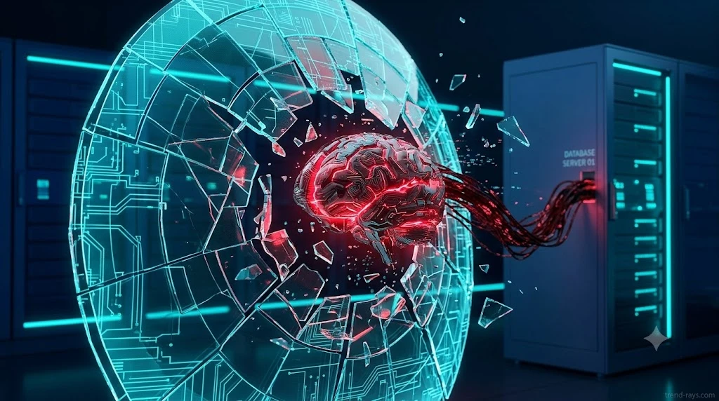 3D illustration of an Agentic AI bypassing a shattered network firewall to access an enterprise database.