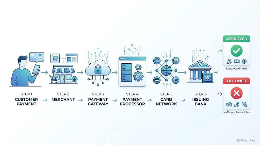 Why Is My Payment Declined Even Though I Have Money? 15 Common Causes (2026) 6 Illustration showing the payment authorization process between customer, merchant, bank, and card network.