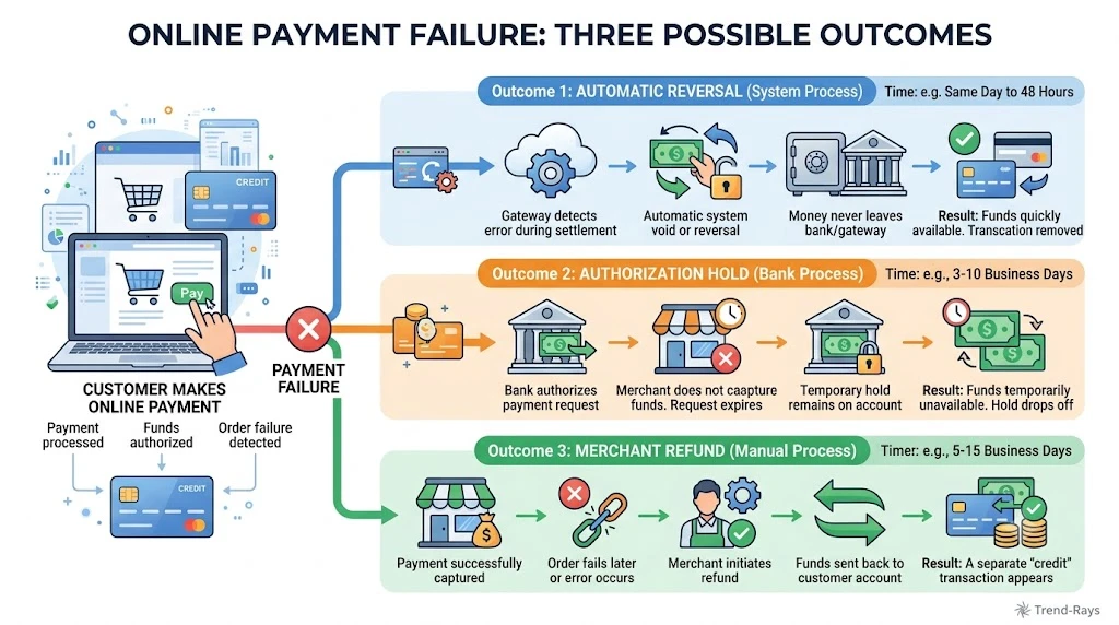 Infographic showing different paths a payment can take after an online order fails.