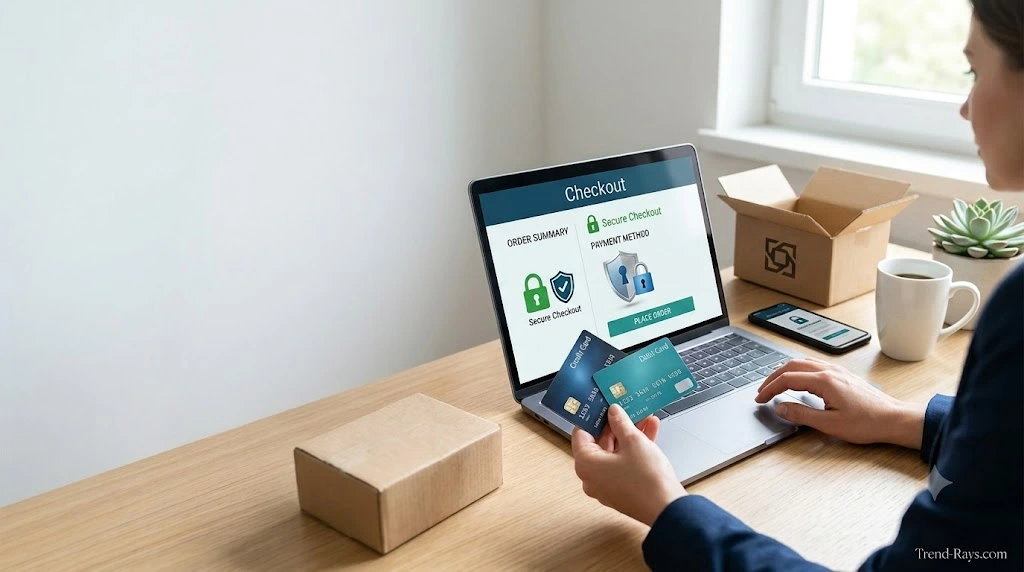 Person paying online with two credit cards while shopping on a laptop, illustrating split payment between two cards.