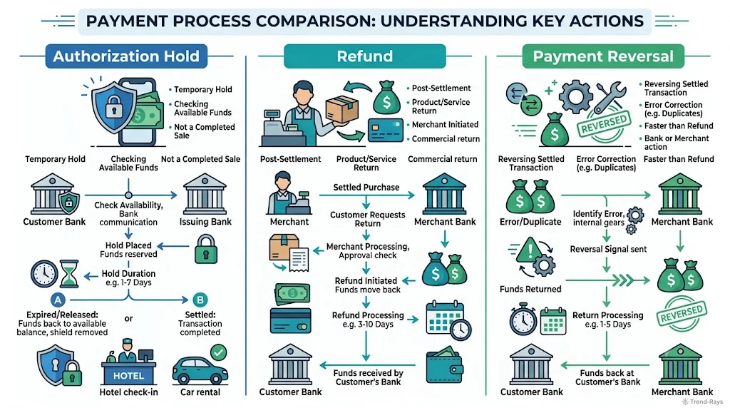 Comparison infographic explaining the difference between authorization holds, refunds, and payment reversals.