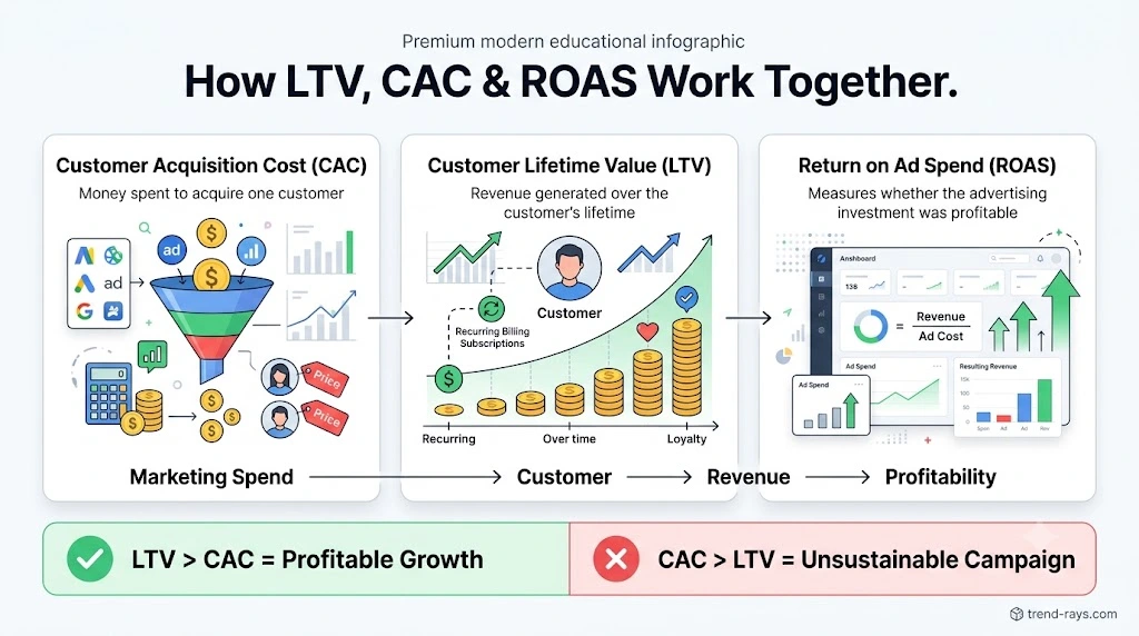 The Economics Behind Reward Apps: Why Advertisers Spend Millions to Acquire Mobile Users 3 Infographic illustrating the relationship between Customer Lifetime Value, Customer Acquisition Cost, and Return on Ad Spend.