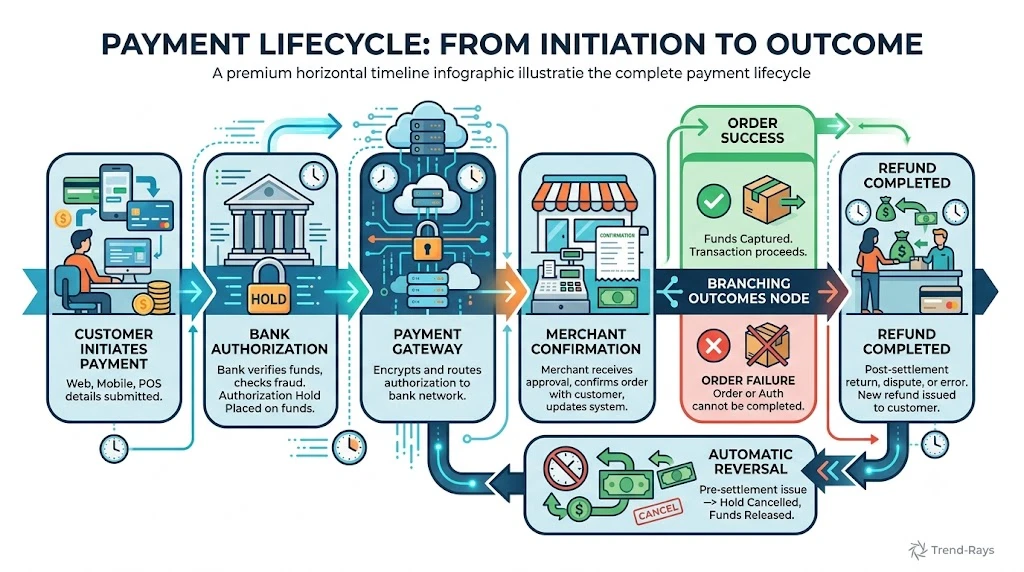 Timeline showing the complete lifecycle of an online payment from initiation to refund.