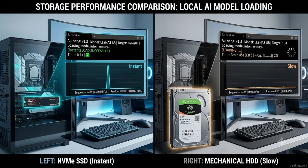 Why Is My Local AI So Slow? 12 Reasons (And Exactly How to Fix Each One) 7 Comparison showing NVMe SSD loading AI models much faster than a traditional hard drive.
