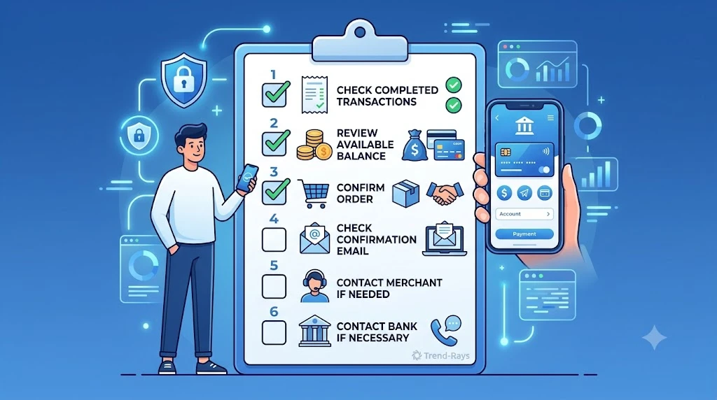 Checklist for customers after a pending transaction disappears from their bank account.
