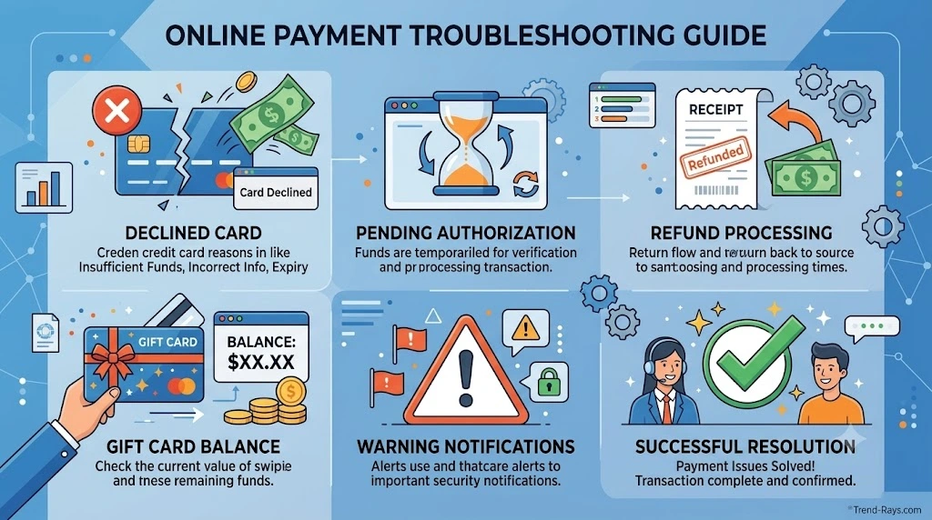 Illustration of declined card, pending payment, refund, and gift card balance issues during online checkout.