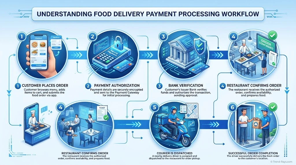 Can You Order Uber Eats Without a Credit Card? Everything You Need to Know (2026 Guide) 2 Illustration showing the payment authorization process for an online food delivery order.