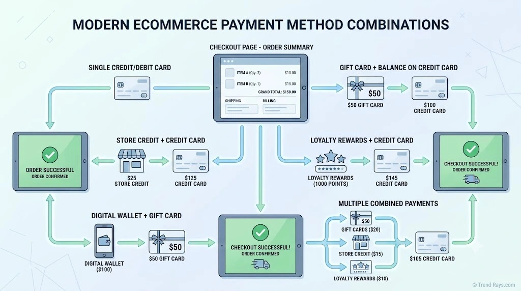 Illustration comparing gift card, store credit, digital wallet, and credit card payment combinations.