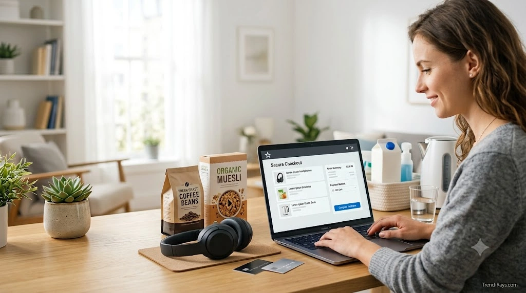 Customer shopping for home essentials and electronics while choosing multiple payment methods during online checkout.
