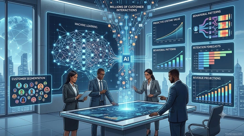 Why Companies Lose Money Acquiring Customers (And How Customer Lifetime Value Changes Everything) 6 Artificial intelligence analyzing customer behavior to predict customer lifetime value and future business growth