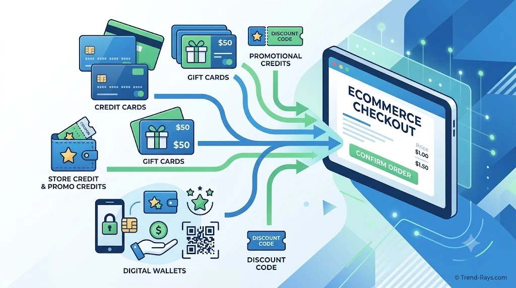 Illustration showing different online payment combinations including gift cards, store credit, and credit cards.