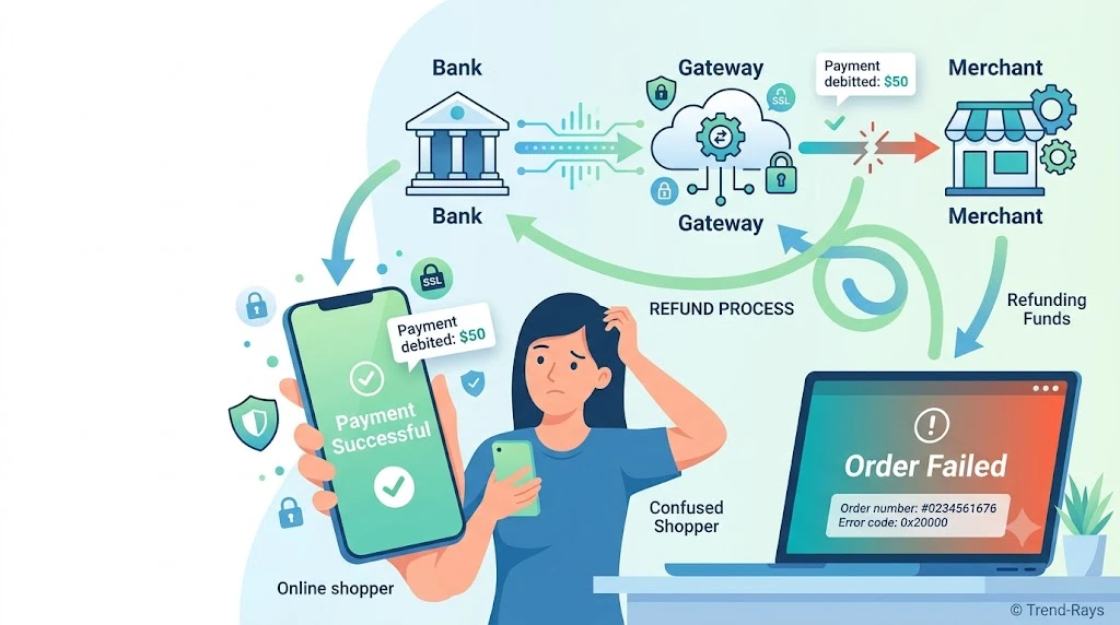 Illustration explaining what happens when money is debited but an online order fails during payment processing.