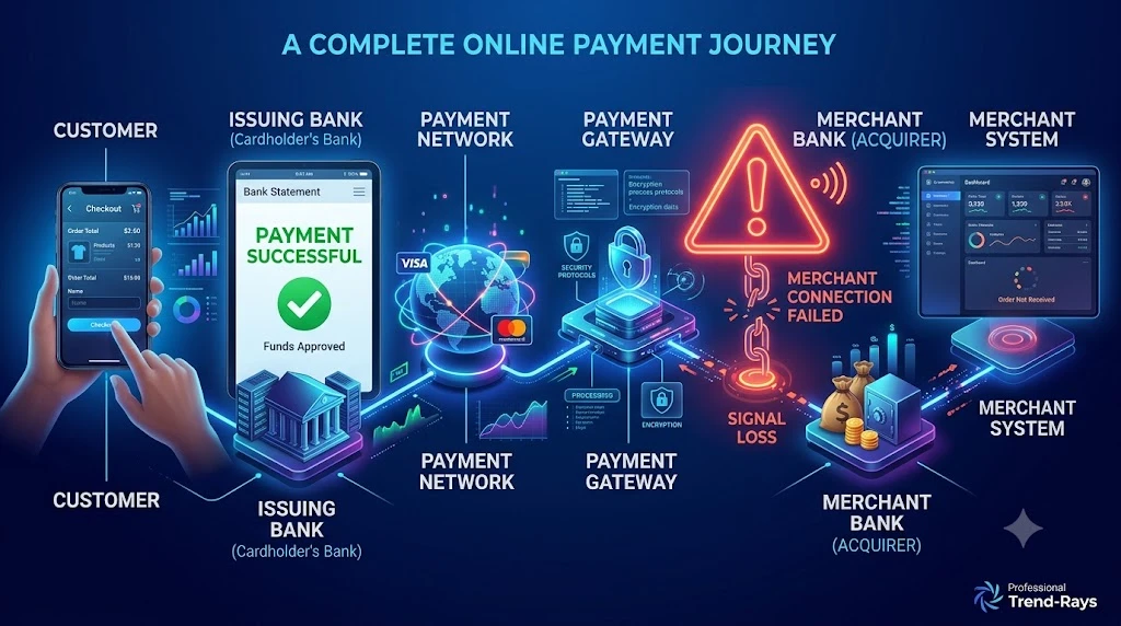 Merchant Says Payment Failed but Money Was Deducted: Where Did Your Money Go and How to Get It Back 2 Online payment lifecycle showing where payment failures occur.