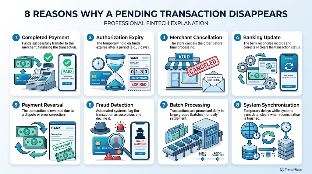 Infographic explaining the most common reasons pending transactions disappear.
