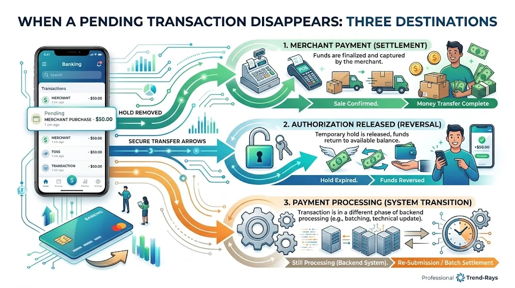 Visual explanation showing where money goes after a pending transaction disappears.