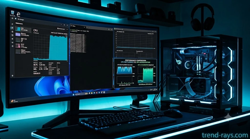 Why Is My Local AI So Slow? 12 Reasons (And Exactly How to Fix Each One) 3 Desktop computer showing CPU overloaded while GPU remains idle during local AI inference.