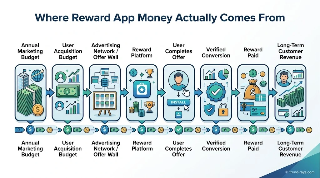 The Economics Behind Reward Apps: Why Advertisers Spend Millions to Acquire Mobile Users 2 Flowchart explaining how advertising budgets are distributed through reward platforms before reaching users as rewards.