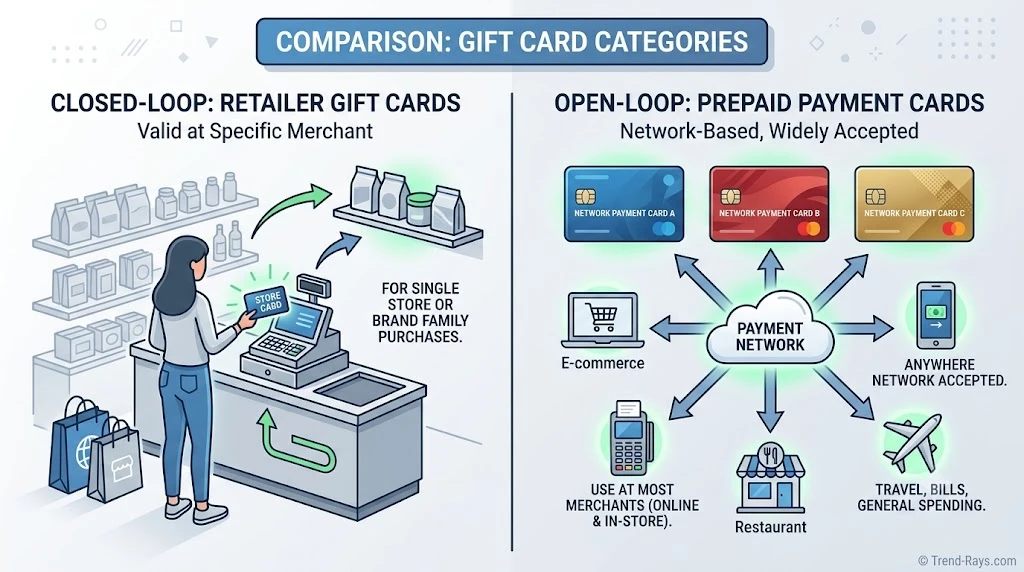 Can You Split Payment Between a Gift Card and a Credit Card? Complete Guide (2026) 1 Comparison between retailer-issued gift cards and prepaid Visa or Mastercard gift cards.