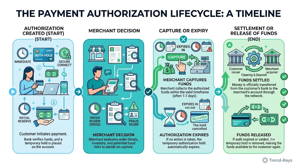 Timeline showing the lifecycle of an authorization hold from approval to release or settlement.