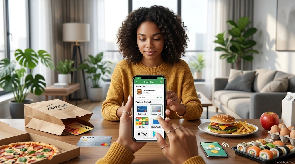 Person ordering food on a smartphone using Uber Eats without a credit card through alternative payment methods.