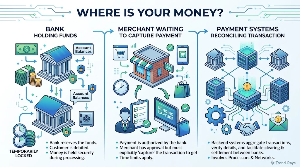 Diagram explaining where money stays during a card authorization hold.