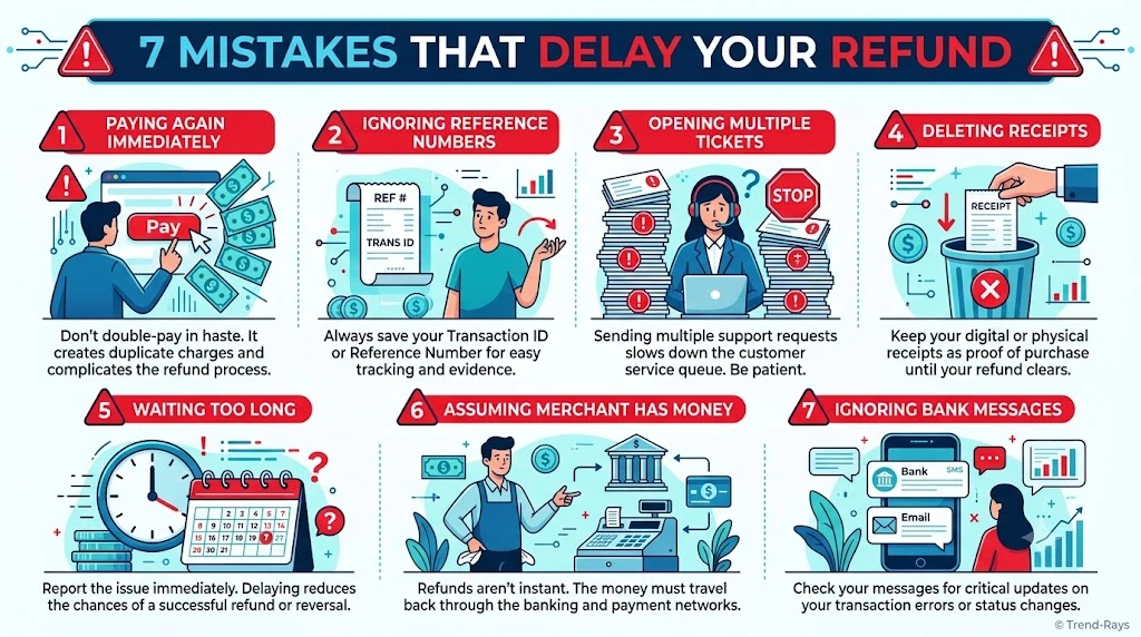 Illustration highlighting common mistakes people make after an online payment fails.