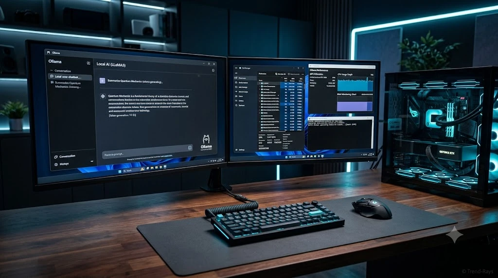 Ultra-realistic workstation showing Ollama running on a local AI desktop with GPU, CPU and RAM monitoring dashboards explaining why local AI is slow.