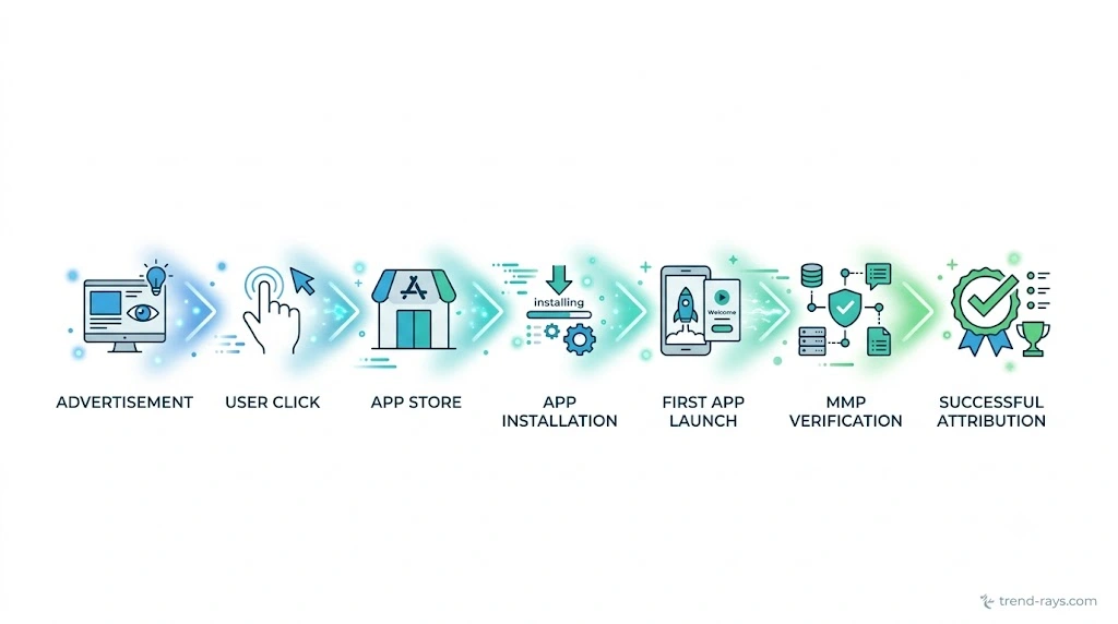 Mobile Attribution Explained: How Apps Track Installs, Reward Offers & User Journeys (Complete Guide) 2 Step-by-step infographic showing how an advertisement click becomes an attributed mobile app install