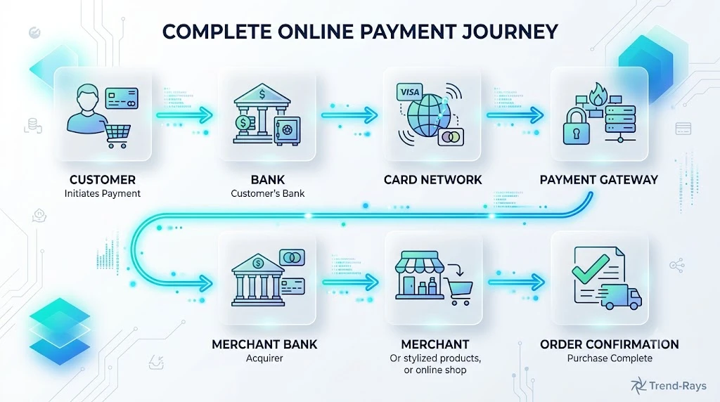 online payment processing flow from customer bank to merchant