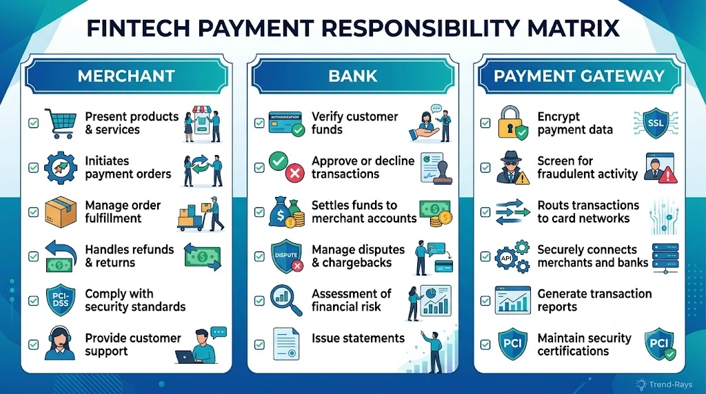Infographic showing when to contact the merchant, bank, or payment provider after a failed transaction.