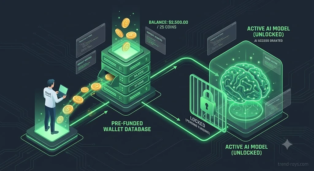 The Stripe AI Billing Trap: Why Token-Based SaaS Startups Are Going Bankrupt (2026) 2 Diagram showing a pre-funded wallet architecture unlocking AI compute securely.