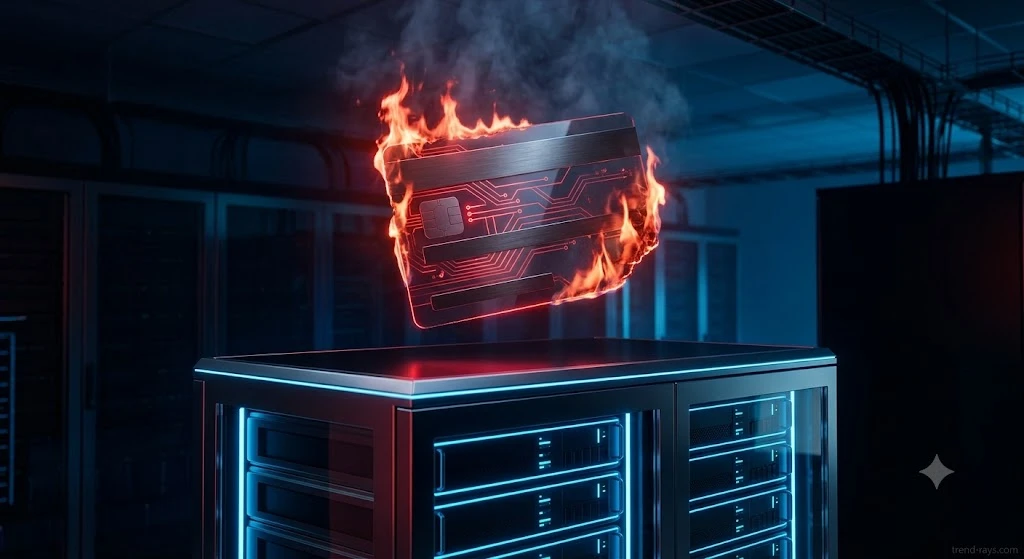 A burning credit card illustrating the financial risk of deferred AI cloud compute costs.