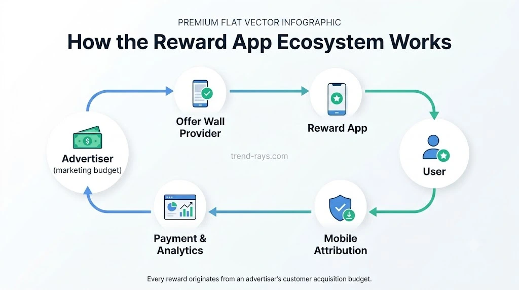 Infographic showing how advertisers, offer walls, reward apps, users, attribution providers, and payment systems work together in the reward app ecosystem.