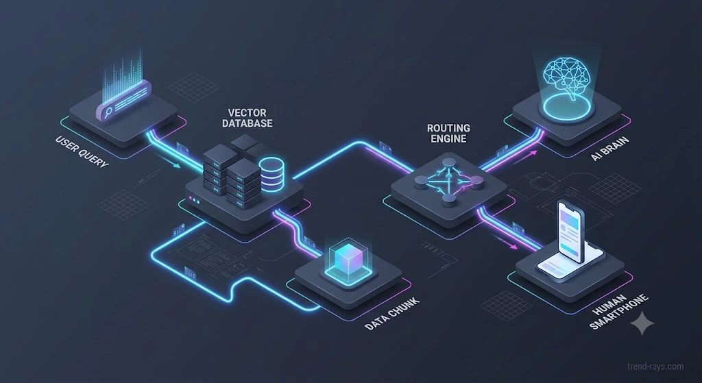 Software architecture diagram contrasting Chatbase RAG vector database semantic search with Tidio live agent chat routing engine.