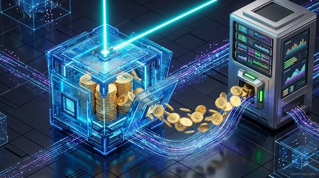 Bypassing 3% Gateway Fees: How Indian Agencies Are Using B2B e-RUPI Smart Contracts in 2026 2 Abstract 3D visualization of digital coins passing through a glowing blue smart contract shield into a corporate server.