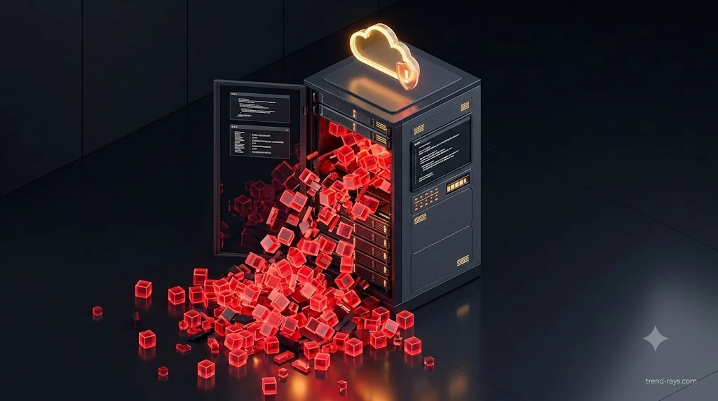 Abstract 3D illustration of an enterprise cloud server rack overflowing with glowing red digital junk data blocks and a warning cloud icon.