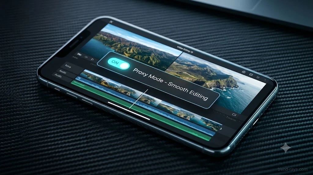 Close-up illustration of a smartphone screen showing CapCut mobile video editing timeline with Proxy Mode enabled for smooth playback.