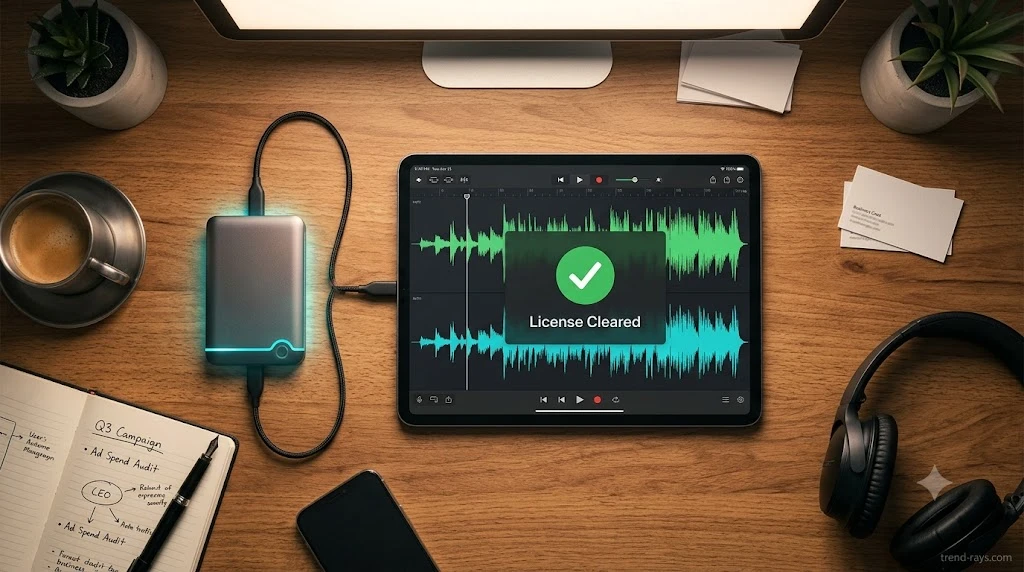 A clean, professional top-down view of a digital marketing workspace. A glowing external hard drive connects to a tablet displaying audio waveform data and a green 'License Cleared' checkmark. Completely exclude all human faces, bodies, or hands from the frame. 