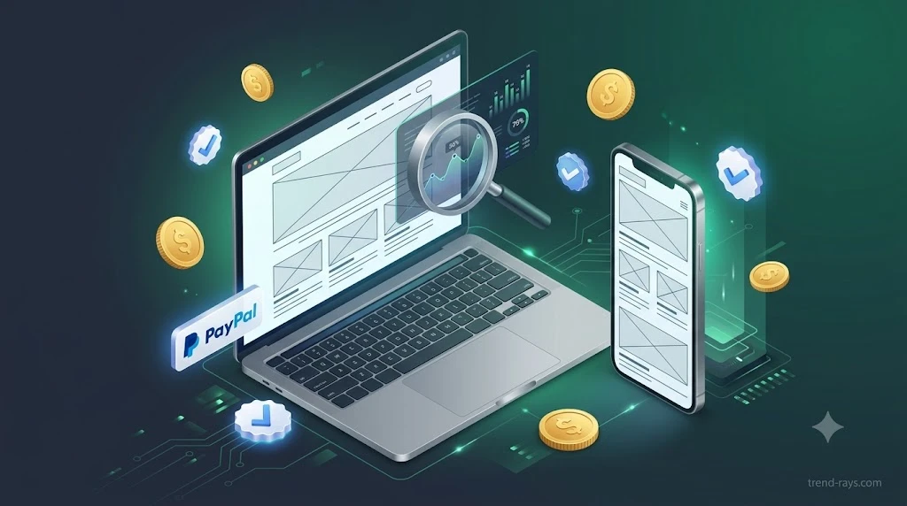 "A high-quality 16:9 widescreen 3D digital illustration featuring a modern laptop and smartphone side-by-side displaying digital UI/UX website wireframes and magnifying glass analytics. Floating 3D vector elements including gold USD coins, a PayPal payment badge, and verified checkmark badges. Dark slate and emerald green tech background with soft volumetric lighting, sleek isometric style, strictly no human faces or human figures, subtle watermark 'trend-rays.com' in the bottom right corner."