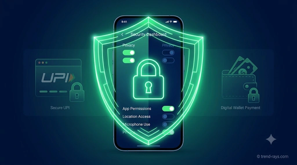 10 Legit Apps That Pay for Watching Videos in India (2026) 3 "A sleek 16:9 widescreen 3D technical illustration focusing on smartphone security. A glowing 3D cyber-shield icon layered over a modern smartphone showing toggle privacy switches and a padlock symbol. Subtle background elements featuring secure UPI and wallet payment icons, glowing neon green and dark blue aesthetic, clean vector style, no human faces, discreet watermark 'trend-rays.com' in the bottom right corner."