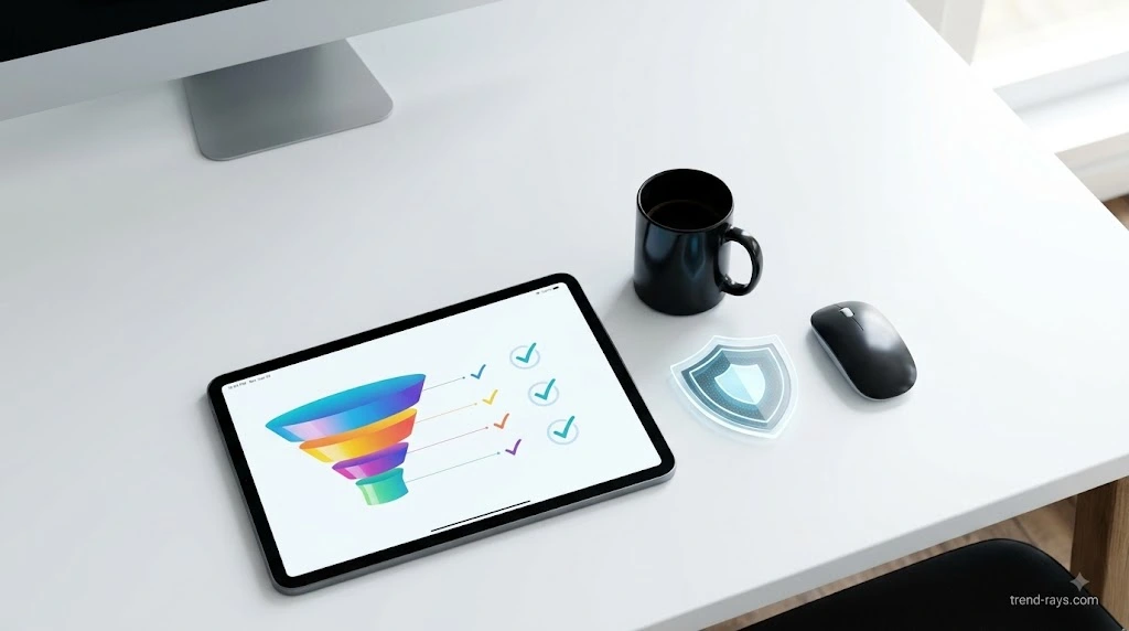 A modern digital workspace featuring a tablet showing abstract business analytics next to a cup of coffee.