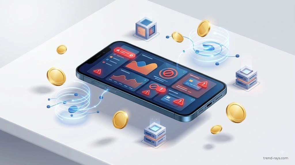 Abstract 3D digital banking ecosystem with warning alerts and locked transaction nodes on a smartphone interface.