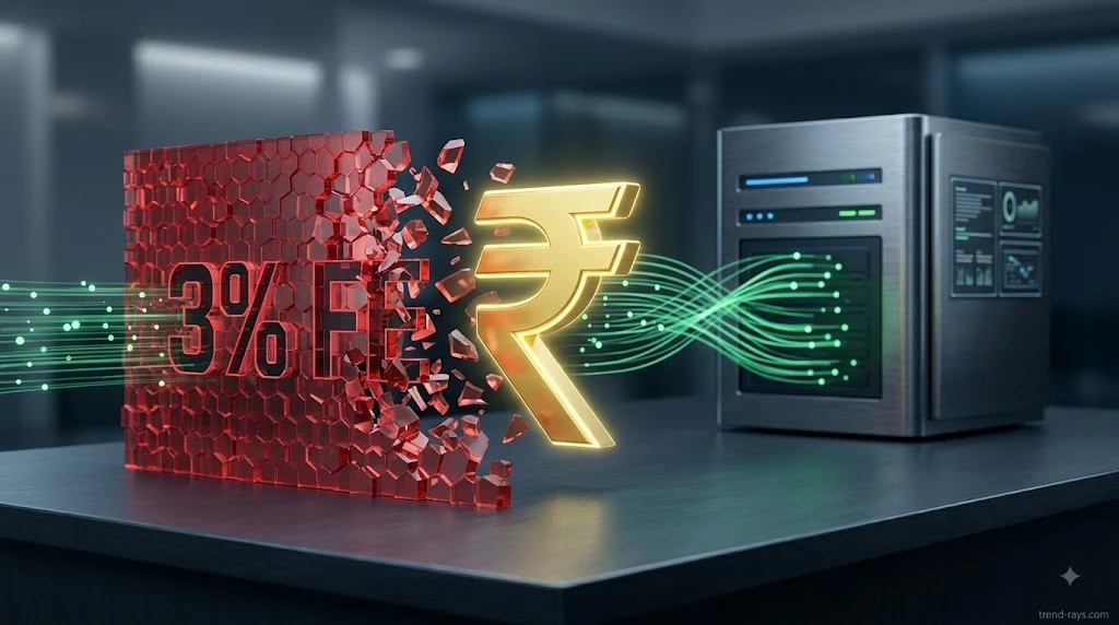 A glowing digital rupee symbol breaking through a barrier representing traditional payment gateway fees.