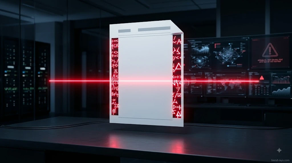 Abstract 3D visualization of a digital resume with glowing invisible text instructions being revealed by a red AI scanner.