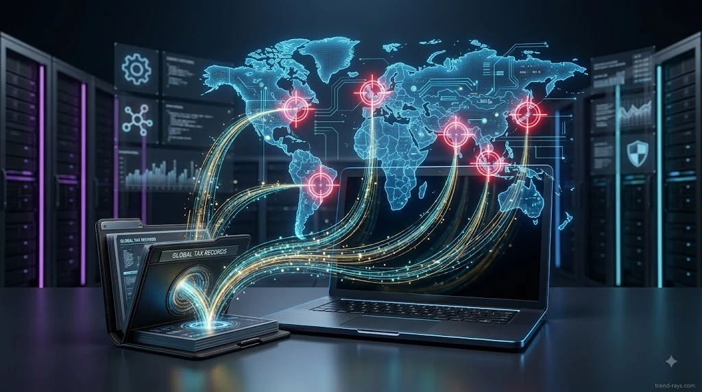 A glowing digital world map with bright red target nodes tracking data streams originating from a sleek laptop.