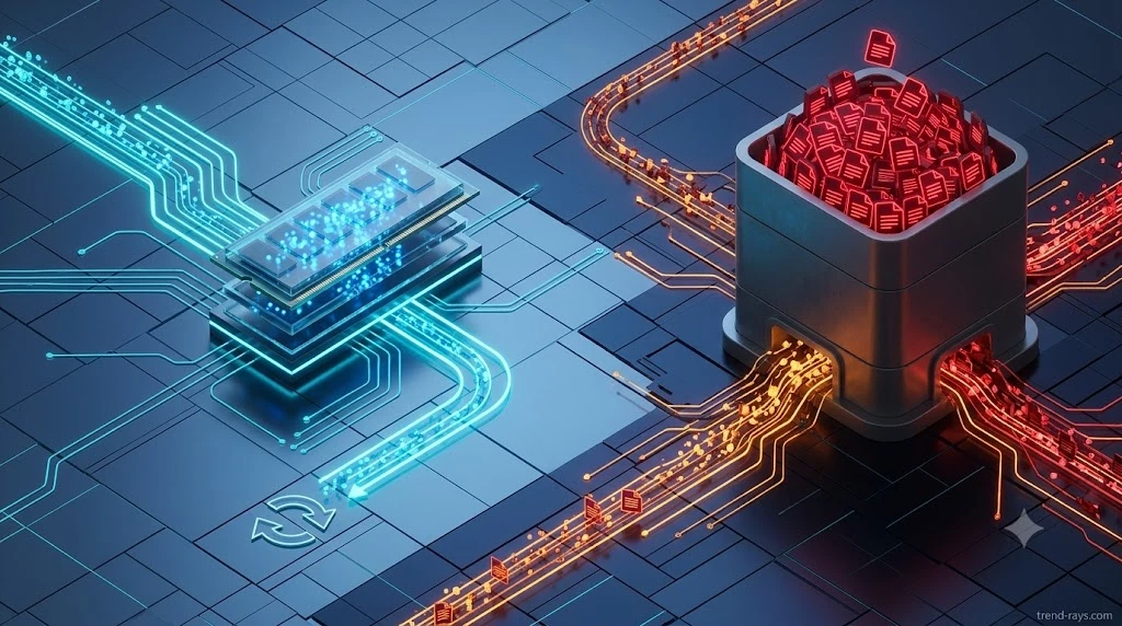 The "Data Hoarder" AI: How Autonomous Agents Are Quietly Bankrupting AWS Storage Budgets 2 3D digital visualization comparing volatile RAM ephemeral memory buffers with cluttered persistent cloud storage buckets.