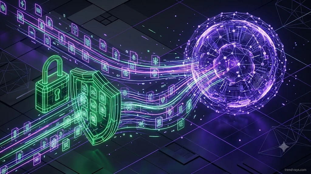 3D visualization of confidential meeting transcripts being absorbed into a massive neural network core.