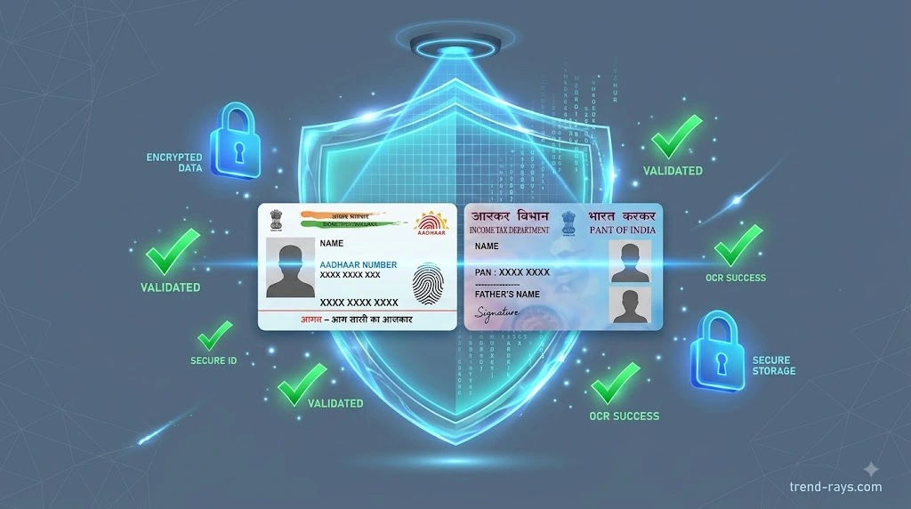 Futuristic digital identity verification concept featuring a glowing security shield and scanned document cards.