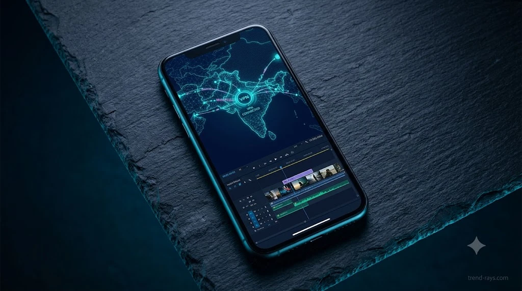A cinematic, top-down flat lay of a sleek smartphone on a dark slate desk. The phone screen displays a stylized digital map with a glowing VPN connection node routing data, alongside a video editing timeline. Clean, professional cybersecurity and B2B tech aesthetic. Completely exclude all human faces, bodies, or hands from the frame. Deep navy and neon cyan lighting. 